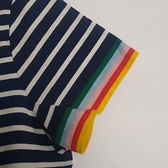 Boden Navy Blue White Striped T Shirt Rainbow Cuffed Short Sleeves Size 10 - Picture 3 of 10
